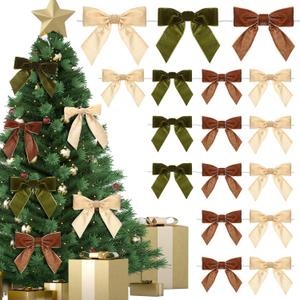 24 Pcs Velvet Christmas Bows for Christmas Tree 4.72" Rustic Crafts Gift Velvet Ribbon Bows Twist Tie Bows for Xmas Wreaths Garland Gift Wrapping Wedding Decor(Khaki, Brown, Green)