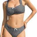 ZAFUL Women High Cut Bikini Sets Wide Strap Bow Ruched Lace Up 2 Piece Swimsuit Solid Cheeky Bathing Suits (Small, Black Plaid)