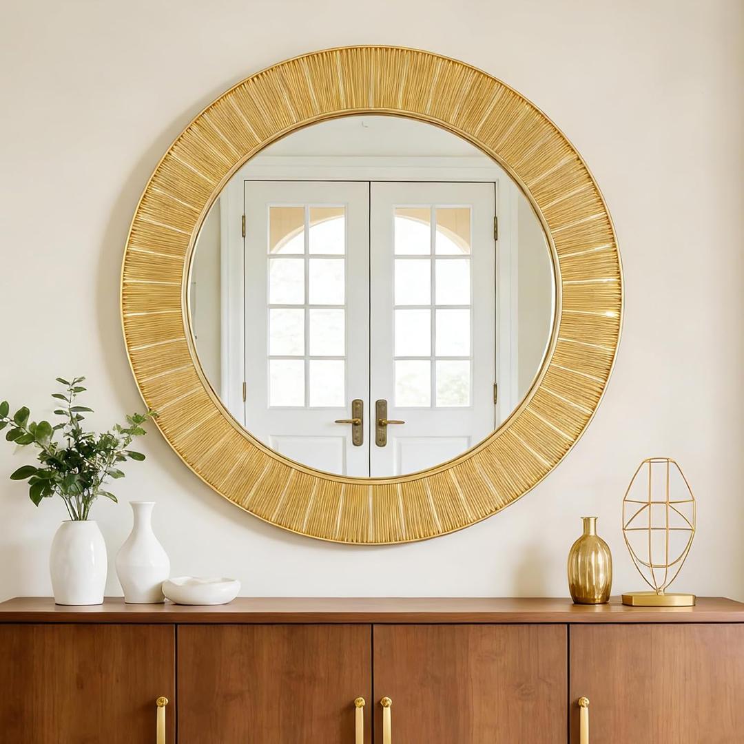 Large Round Gold Wall Mirror - 31 Inch Textured Ribbed Design Frame Mirror, Modern Sunburst Accent Mirror for Living Room, Entryway, Bedroom, Fireplace Mantel