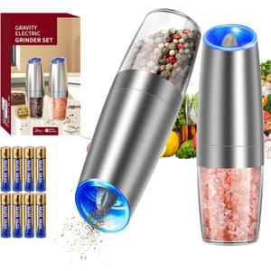 CIRCLE JOY Gravity Electric Salt and Pepper Grinder Set Stainless Steel Automatic Salt and Pepper Grinder Set, Battery Operated, LED Light, Adjustable Coarseness, for Home Kitchen BBQ, Silver