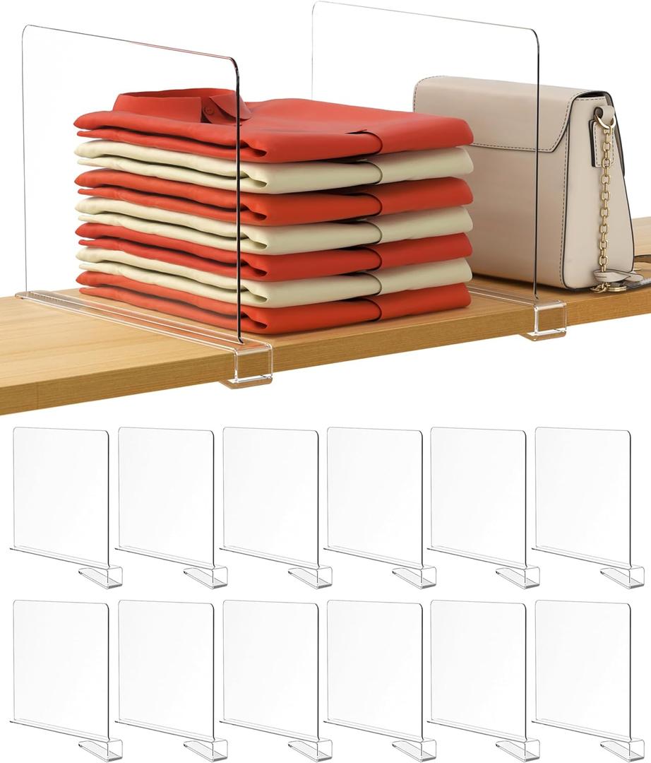 HBlife 12 Inches Tall [Extra Tall Version] Clear Shelf Dividers, Pack of 12 Purse Organizer for Closet Perfect for Sweater, Shirts, Handbags, Acrylic Adjustable Bookshelf for Organization