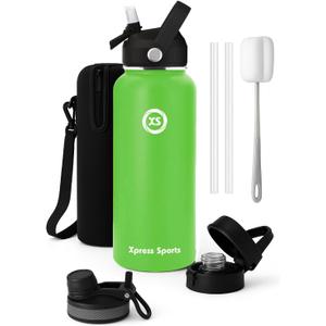 Insulated Water Bottle with Straw | 32oz Stainless Steel Metal Vacuum Water Flask in 3 color's | Leakproof Sports Bottle with 3 Lids & Protective Sleeve | 24hr Cold/12hr Hot (Green)