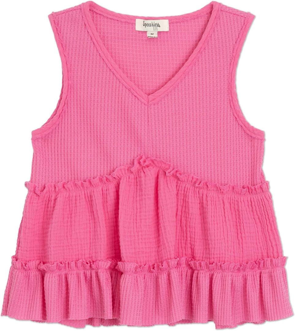 Speechless Girls' Sleeveless Waffle Knit V-Neck Top (Pink, XS)
