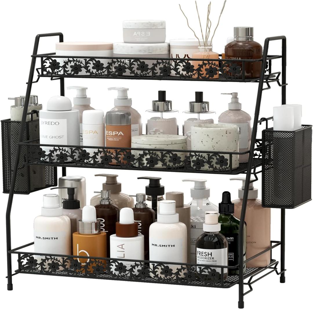 3-Tier Large Size Storage Rack,Counter Organiztion for Bathroom Countertop Organizer Shelf for Spice Racks for Kitchen/Sink/Bedroom/Living room/Office/Plant Rack with Two Metal Baskets (Grey)