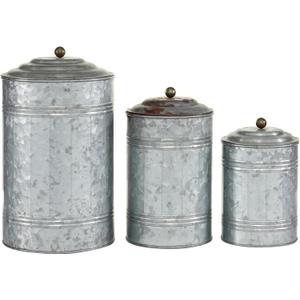 Deco 79 Metal Living Room Decorative Jars Galvanized Ribbed Decorative Container with Gold Ball Knobs, Set of 3 Jar with Lid 12", 9", 8"H, Gray