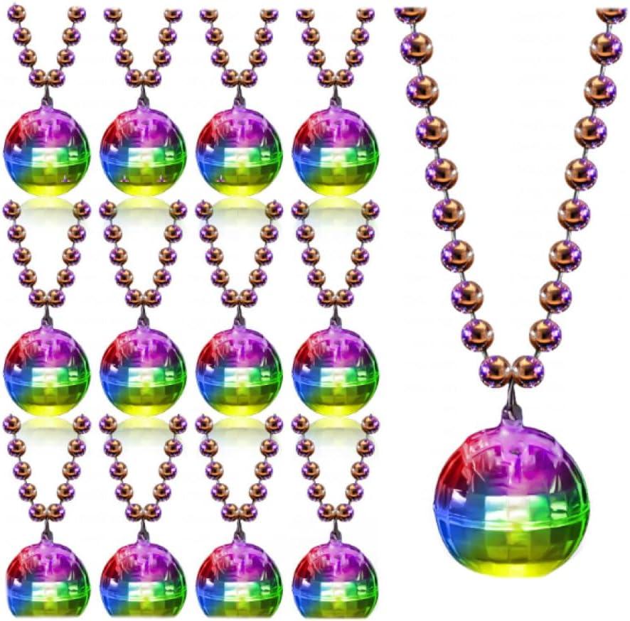 Sasylvia 12 Pcs LED Disco Ball Necklaces Light up Bead Necklaces 70s Disco Party Favors Glow in The Dark Bead Jewelry Costume Accessories for New Year Party Dance Supplies (Silver)