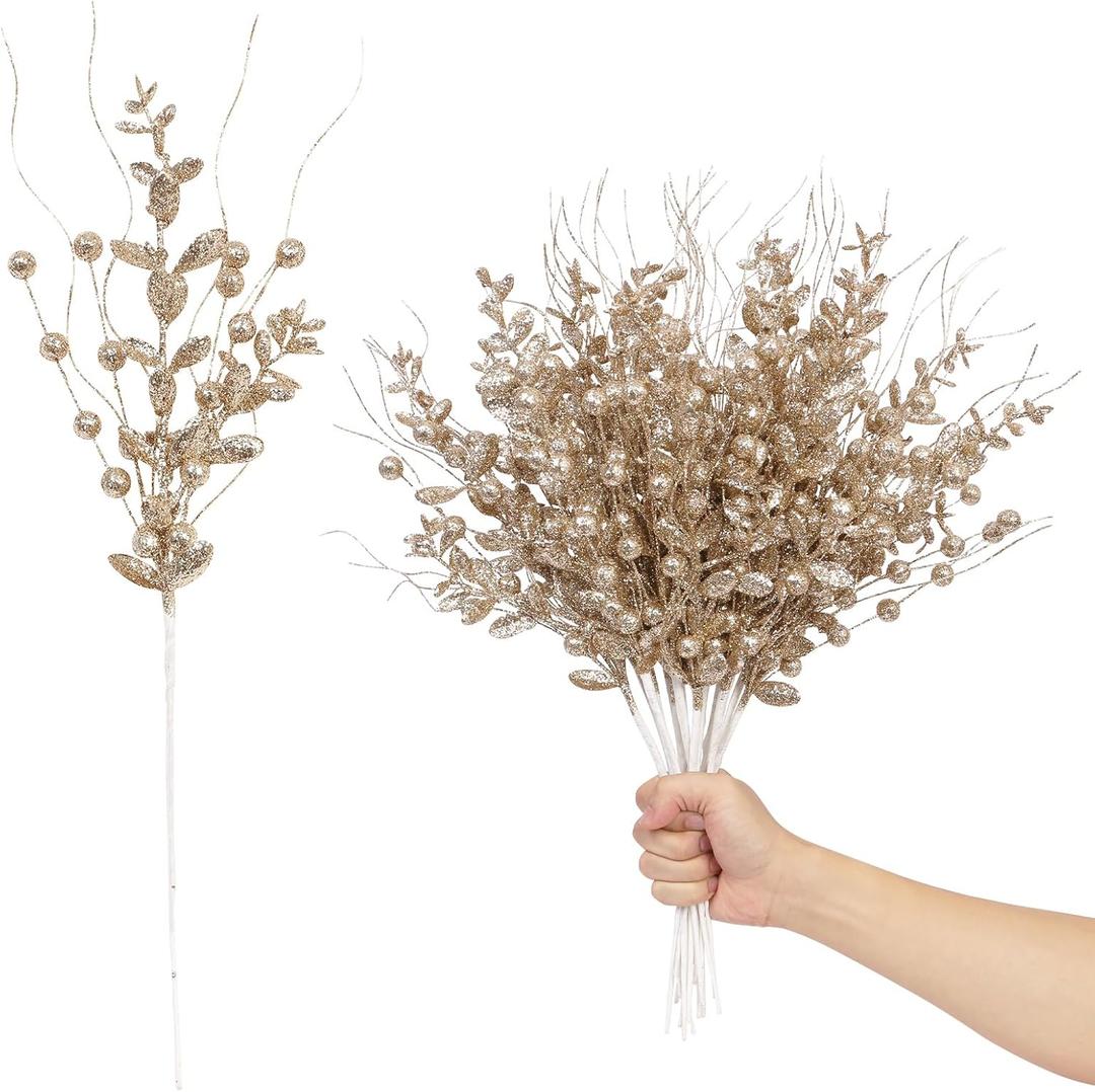 24 Pack Christmas Tree Decorations Picks and Sprays, Christmas Ornaments Artificial Glitter Berry Stems Branches Picks Twigs for Xmas Tree Vase Filler Home Holiday Decor (Champagne-A)