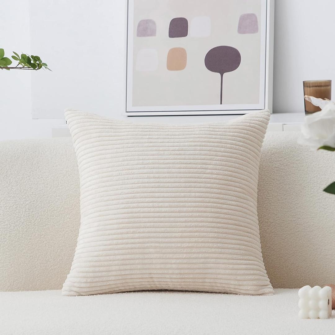 Home Brilliant Striped Velvet Corduroy Euro Throw Pillow Sham Large Cushion Cover for Chair Couch Bench Bed Floor Spring Decor, 24 x 24 inch (60cm), Cream Cheese