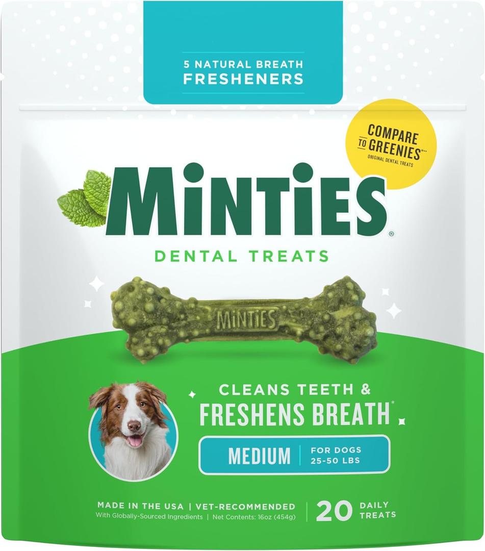 Minties Dental Chews for Dogs, 20 Count, Vet-Recommended Mint-Flavored Dental Dog Treats for Medium Sizes 25-50 lbs, Bones Clean Teeth, Fight Bad Breath, and Removes Plaque and Tartar, BBD: 12/06/2027