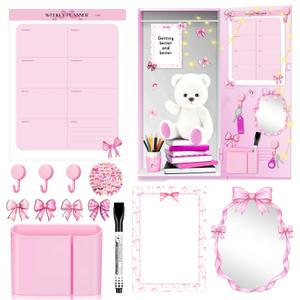 Gosodeny 15 Pieces Pink Bow Locker Accessories for Girls with Pink Bow Magnetic Coquette Mirror Bow Whiteboard Schedule Pen Holde Organizer for Locker Decor Back to School Essentials