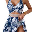 Women Cutout Swimdress One Piece Swimsuit Color Block Bathing Suit with Skirt Wrap Front Tummy Control Swim Dress (Medium, Blue White Leaf)