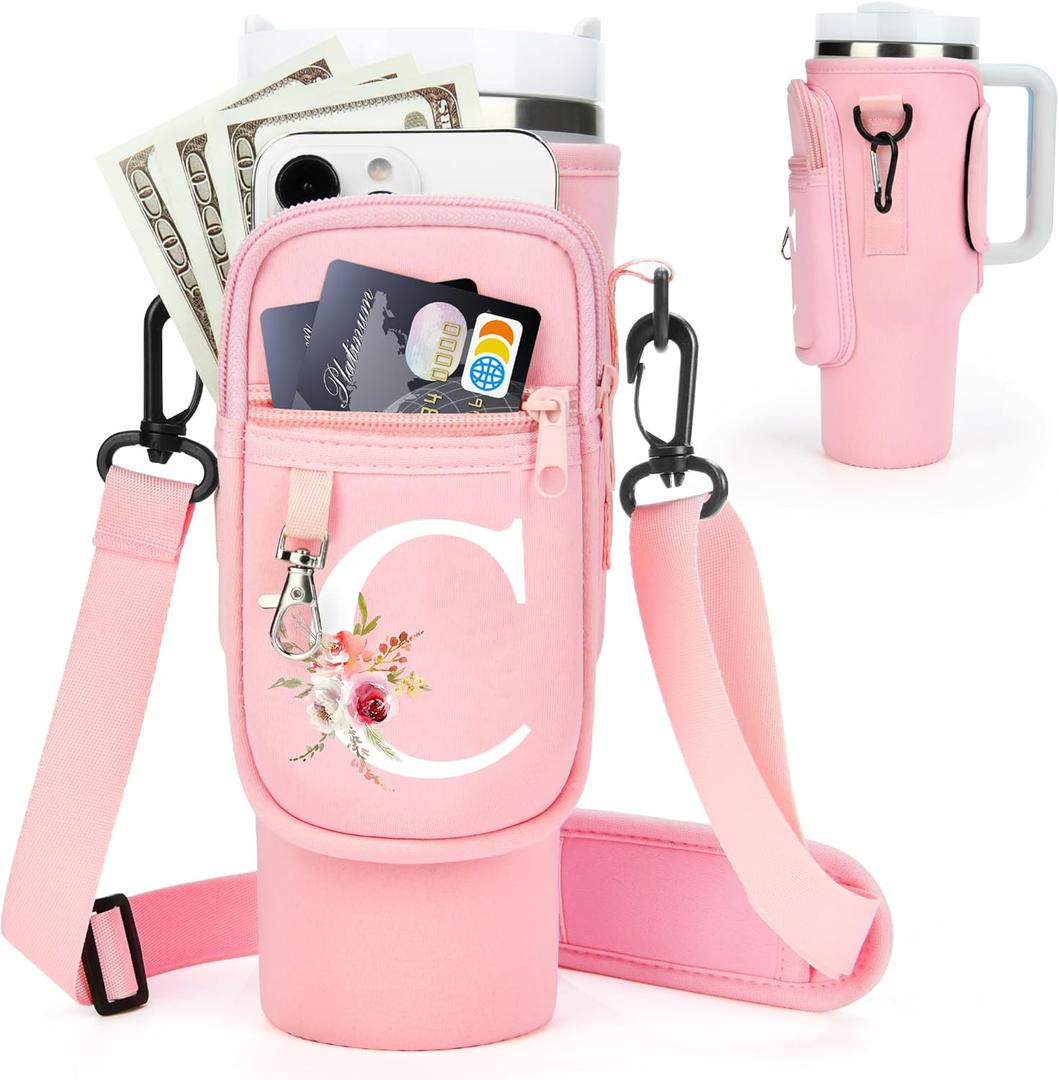 Initial Water Bottle Holder with Strap for Stanley Cup Accessories 40 oz Tumbler/Simple Modern Tumbler Bag, Water Bottle Carrier Bag with Strap,Personalized Valentine's Day Gift for Women,Her & Girls (Pink)