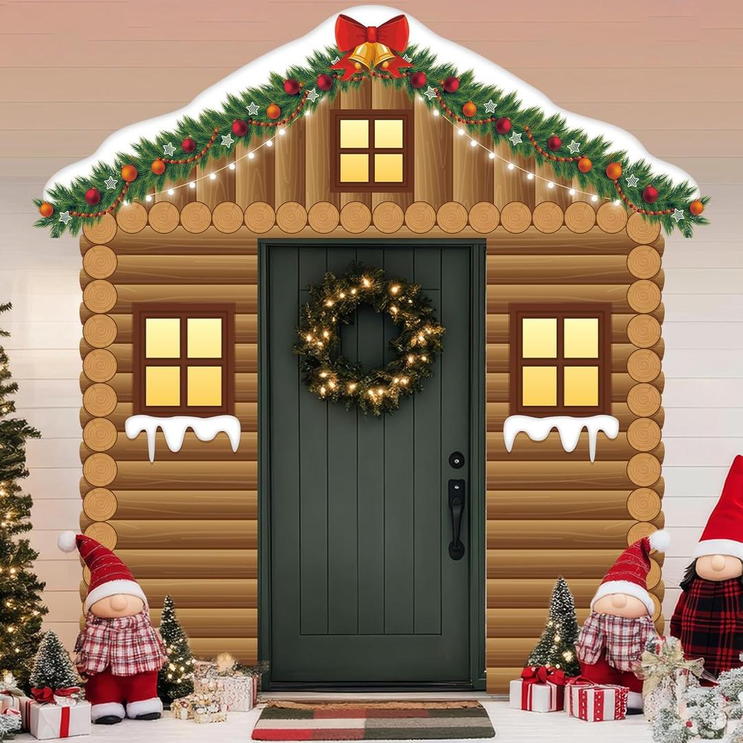 Christmas Wooden House Porch Sign Banners Rustic Wood Cabin with Christmas Wreath Photography Backdrop Xmas Party Photo Props Doors Hanging Banners Backdrop for Home Holiday Party Decoration Supplies