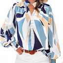 BTFBM Fall Fashion 2024 Button Down Long Sleeve Blouses for Women Dressy Casual V Neck Loose Printed Boho Tops Shirts(Blue White, Small)