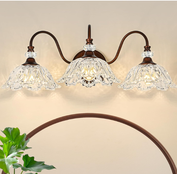 Antique Red Bronze Finish Bathroom Vanity Light, 3-Light Vintage Vanity Light with Floral Clear Glass Shades, Retro Wall Mount Lighting for Bathroom, Dressing Table