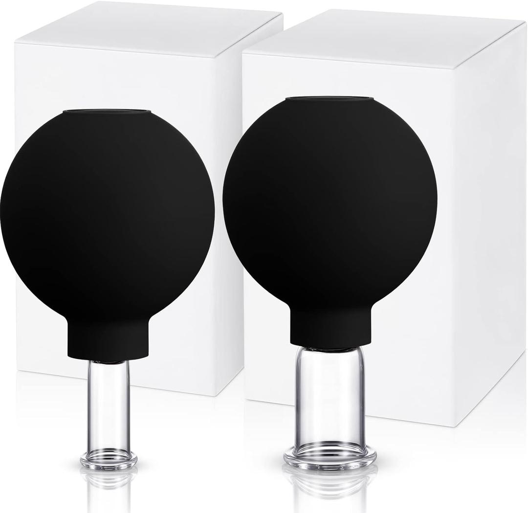 Nuanchu 2 Pieces Facial Cupping Set, Glass Cupping Cups Glass Silicone Cups Vacuum Suction for Face Skin Back Shoulder Muscle(1 Inch and 0.65 Inch Diameter,Black)