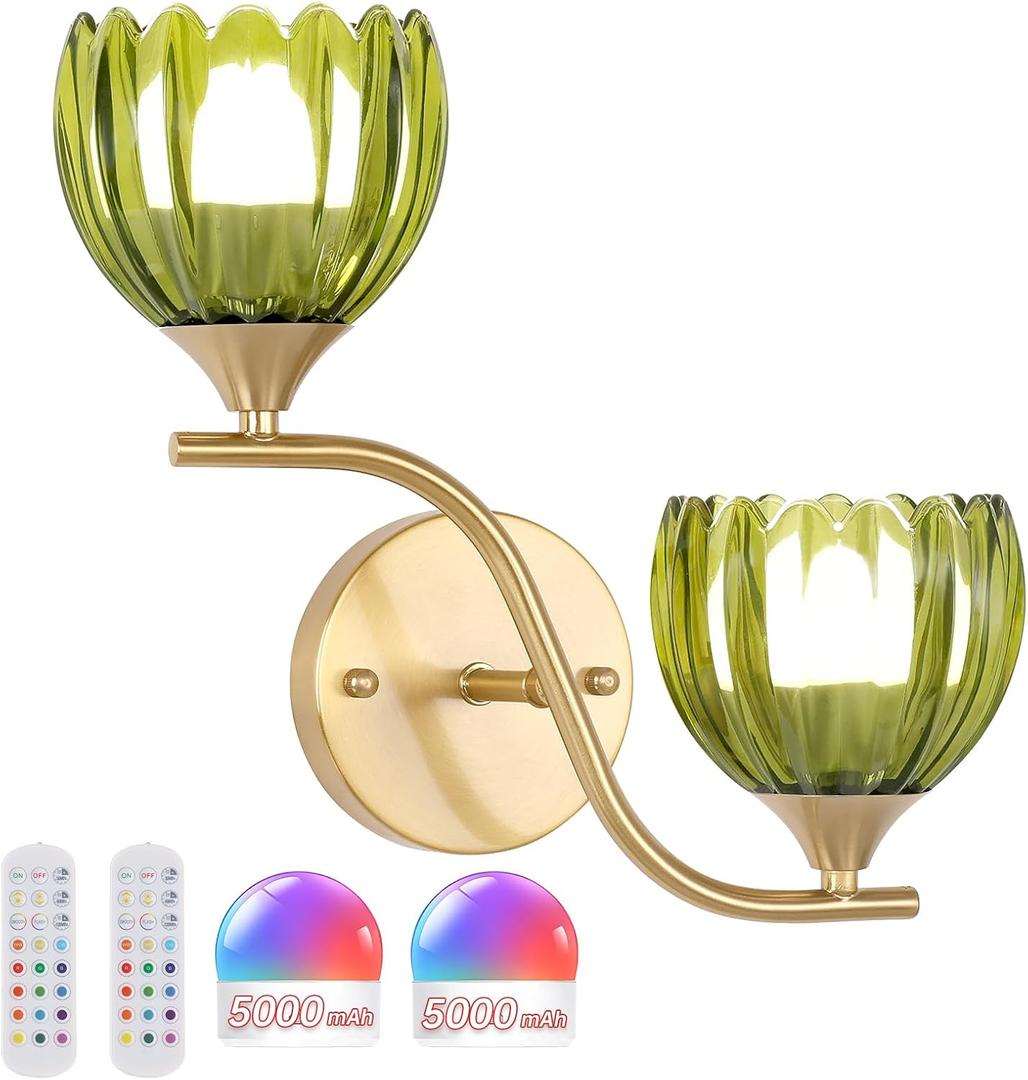 Battery Operated Wall Sconce, 2-Lights Vinatge Brass Wall Lighting with Green Tluip Shade Rechargeable Bulb with Remote for Living Room, Bedroom (1 pack)