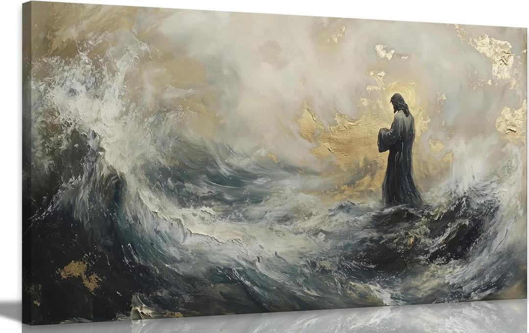 Jesus Walks On Water Canvas Wall Art Jesus Christ Bible Stories Painting Picture Wall Decor God Miracle on Water Poster Print Artwork for Living Room Bedroom Study Room Church Home Decoration