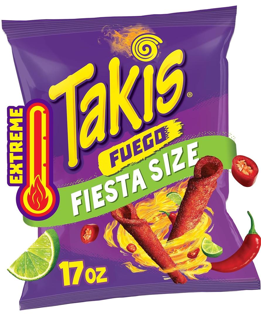 Takis Fuego 17 oz Fiesta Size Hot Chili Pepper & Lime Flavored Extreme Spicy Rolled Corn Tortilla Chips (EXP 12/07/26)