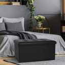 COSYLAND Ottoman Bench with Storage - 30x15x15in Folding Leather Ottoman, Rectangle Foot Stool Foldable Storage Chest Footrest Footstool Collapsible with Lid for Bedroom Living Room Black