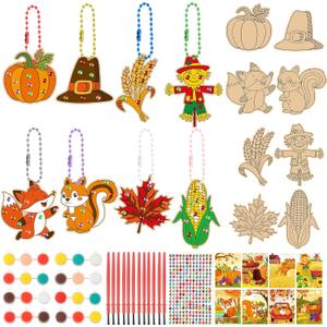 Funrous 24 Set Thanksgiving Crafts for Kids, Fall Unfinished DIY Crafts Keychain Thanksgiving Wood Cutouts Ornaments Painting Kit with Maple Pumpkins Cards for Boys Girls Autumn Harvest Activity Gifts