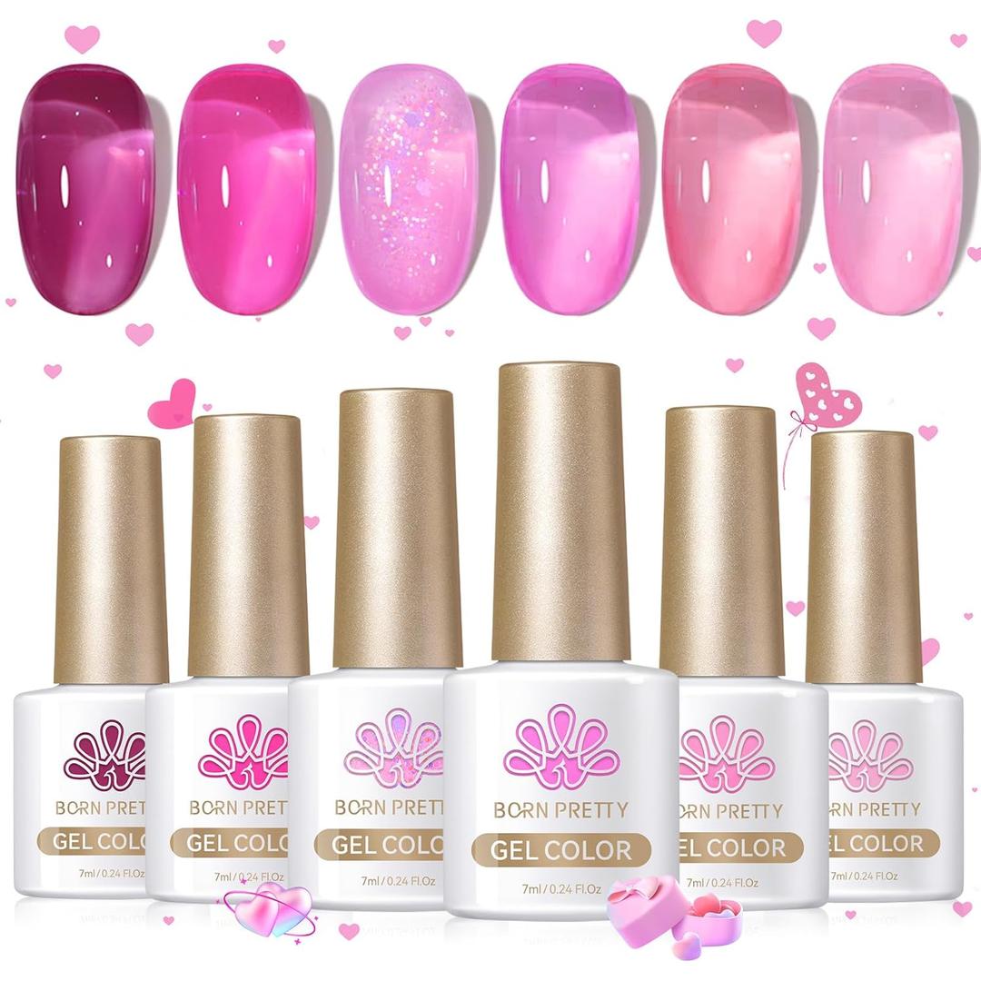 Born Pretty Jelly Pink Gel Nail Polish Milky Translucent Hot Pink Gel Polish Spring Summer Valentine's Day Gift Sheer Gel Polish Kit for Salon Manicure and Nail Art DIY at Home,pink muse