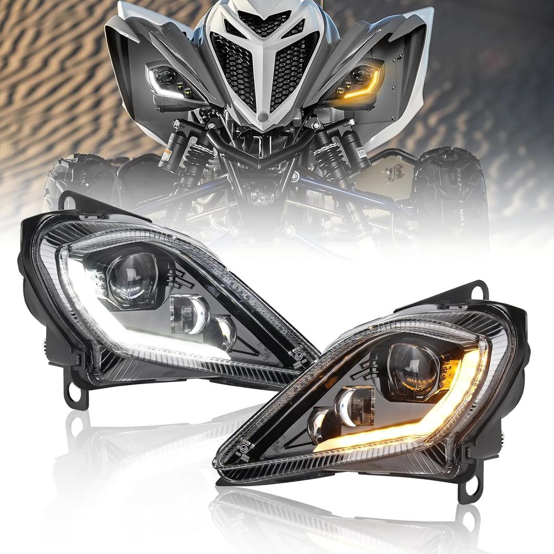 OPP ULITE Led Headlights Assembly for Yamaha Raptor, YFZ, Wolverine, High Low Beam & White DRL & Amber Turn Signal Light, DOT Approved ATV Headlight