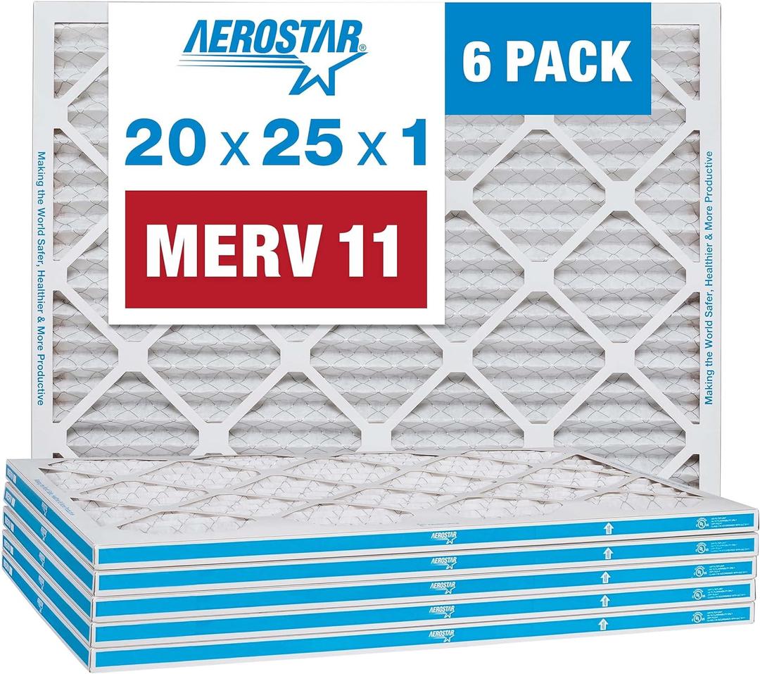 Aerostar 20x25x1 Air Filter MERV 11 (For Allergies, Dust, Lint, Mold, Pet Dander, Smoke & Smog) - Electrostatic MPR 1000 - 1200 & FPR 7 - Pleated HVAC AC Furnace Air Filters - Pack of 6