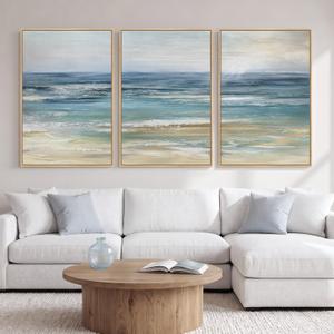 Large Framed Blue Coastal Landscape Wall Art for Living Room, 3 Piece 24x36