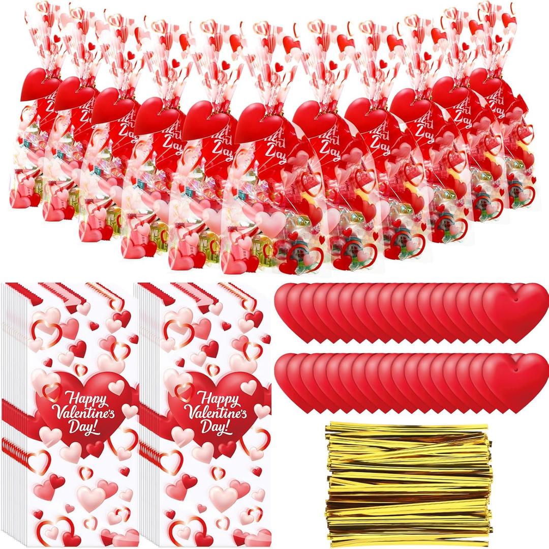 Gueevin 150 Set Happy Valentines Day Cellophane Treat Bags Bulk Goodie Candy Cookie Cello Bags with Twist Ties Gift Cards Party Favors for Party Supplies