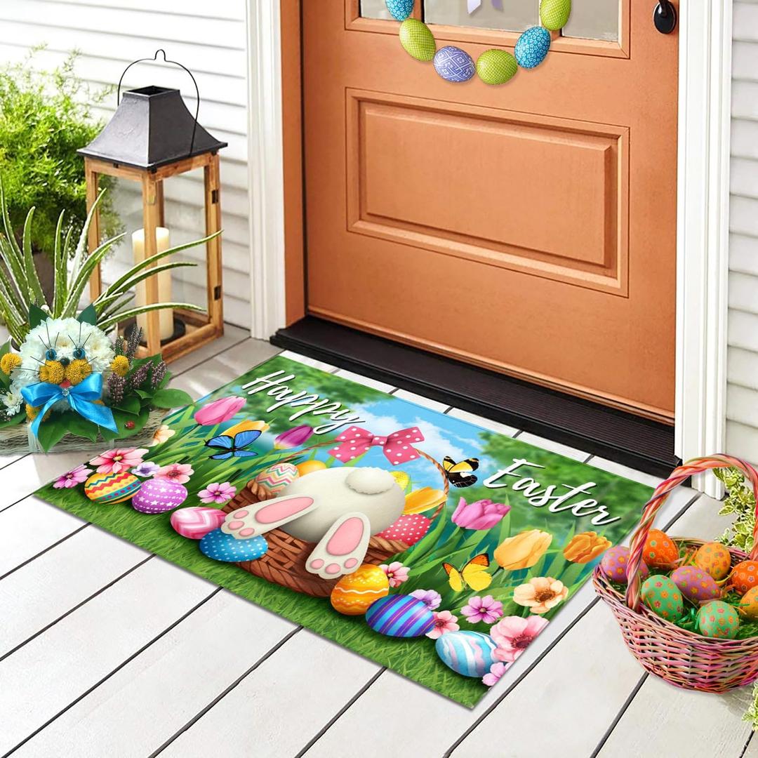 Happy Easter Decorative Door Mat Bunny Eggs Welcome Doormat for Indoor Outdoor, Spring Floor Mat Entry Rug Non-Slip Washable for Porch Front Door Entrance 17x29 Inch