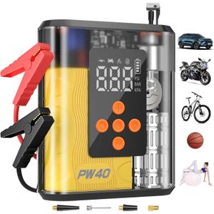 PW40 Jump Starter, Tire Inflator Portable Air Compressor, 4000A Peak 200PSI & 4X Faster, 32000mAh 12V Car Battery Jump Starter (9L Gas/8L Diesel), Portable Tire Inflator for Car(Yellow)