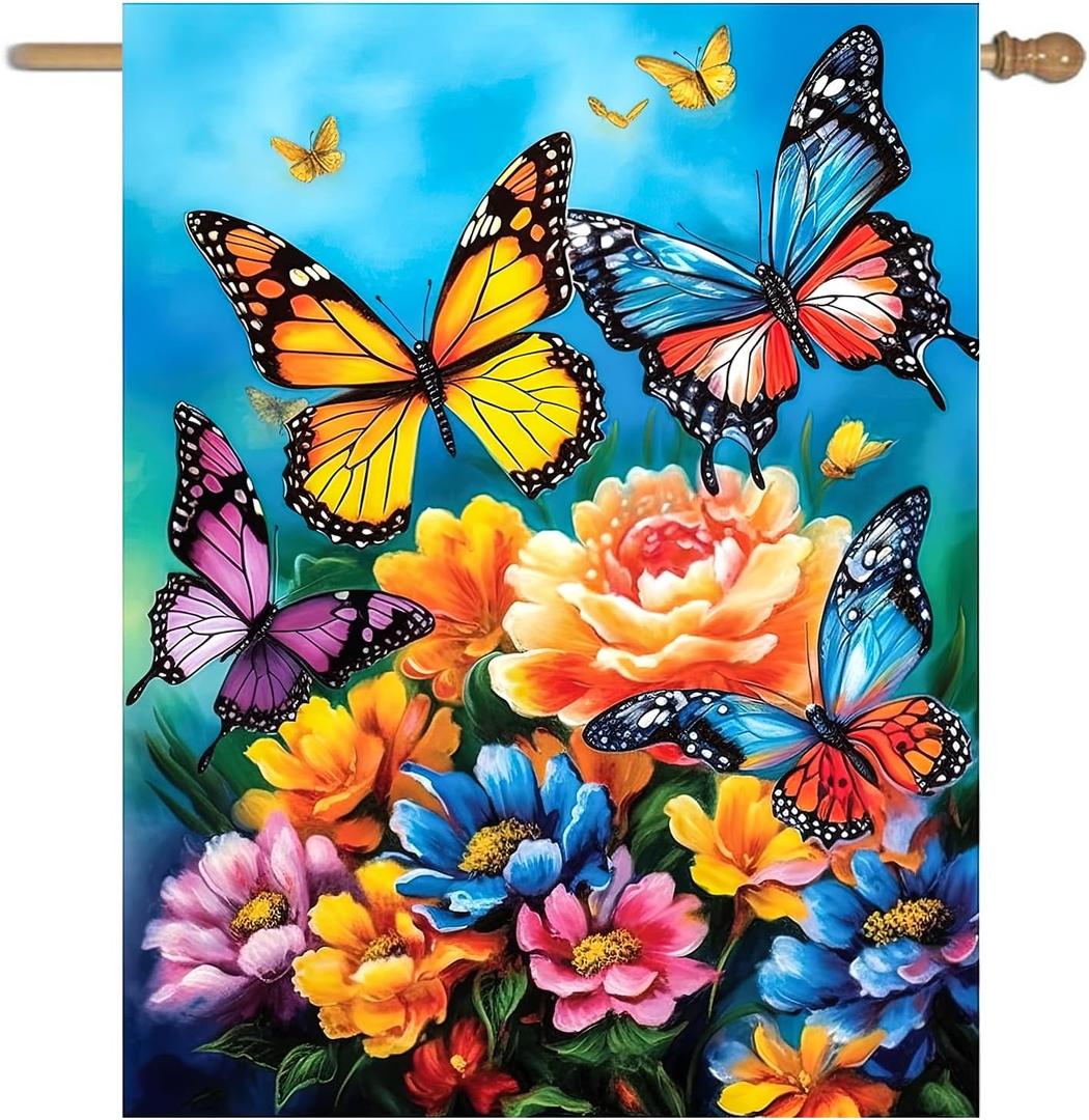 Spring Summer House Flags 28x40 Double Sided Large Butterfly Garden Flag Flower Yard Flags for Outside Butterflies Outdoor Decorative Floral Welcome Flags