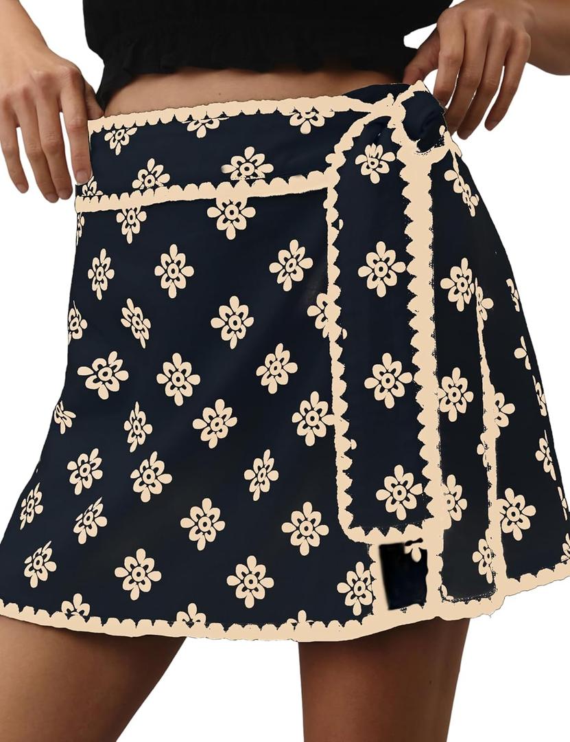 Wrap Skirt for Women Casual Mini Skirt Knot Side Elastic Waist Bodycon Flowy Print Shorts (X-Large, Black)