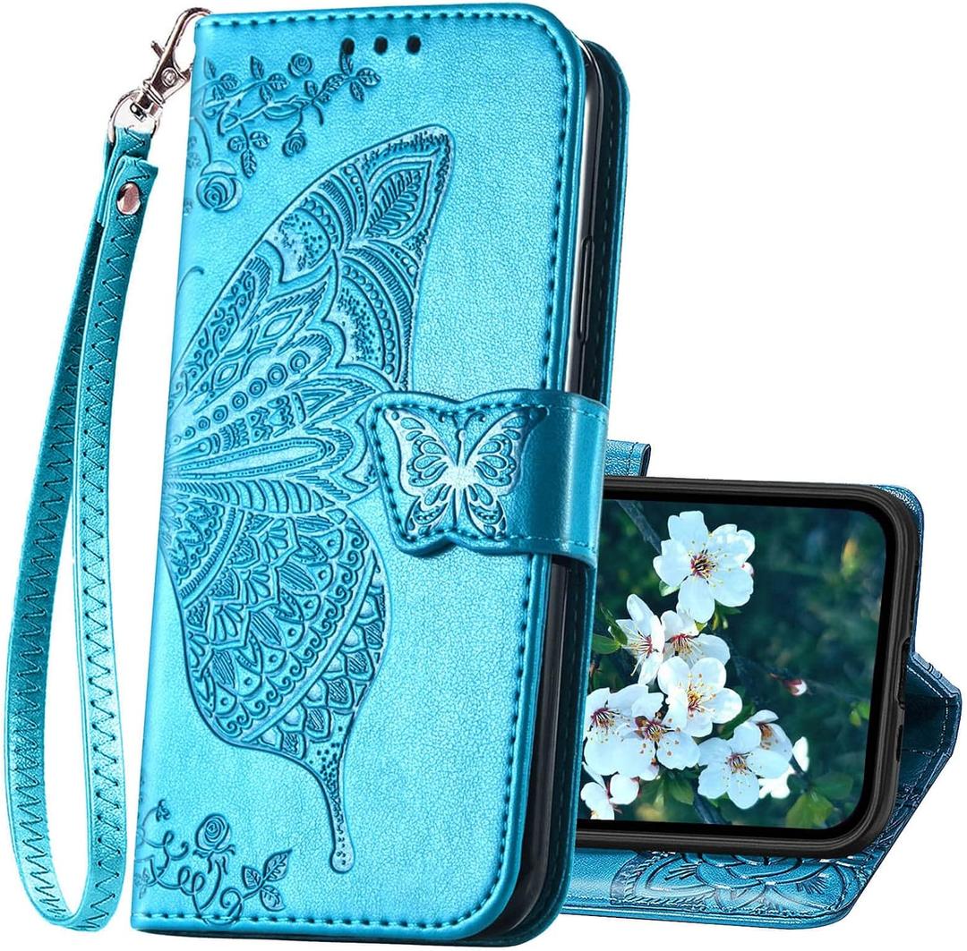 Compatible with iPhone 14 Wallet Case for Women,Flip Folio Butterfly Embossed PU Leather Card Holder Slots Stand with Wrist Strap Protective Phone Cover for iPhone 14 6.1 Inch (Blue)