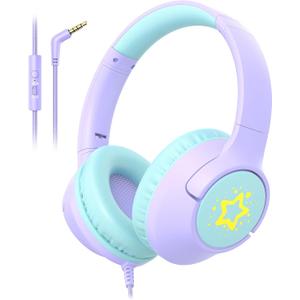Kids Wired Headphones for School, 85/94 dB Volume Limit, Wired Over Ear Headphones for Girls Kids with Microphone, Foldable Stereo Sound 3.5mm Wire Cord for Kindle Tablet Airplane Travel, Purple