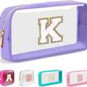 Small Clear Personalized Initial Makeup Bag, Nylon Preppy A-Z Chenille Letter Patch Cosmetic Pouch Beach Toiletry Bag, Waterproof Zip Travel Purse Storage Bag Organizer for Women Girls(Purple-White K)