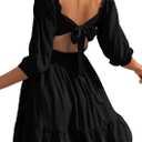 Phortric Women's Summer Tie Back Dress Square Neck Lantern Sleeve Off Shoulder Casual Mini Dresses (X-Small)