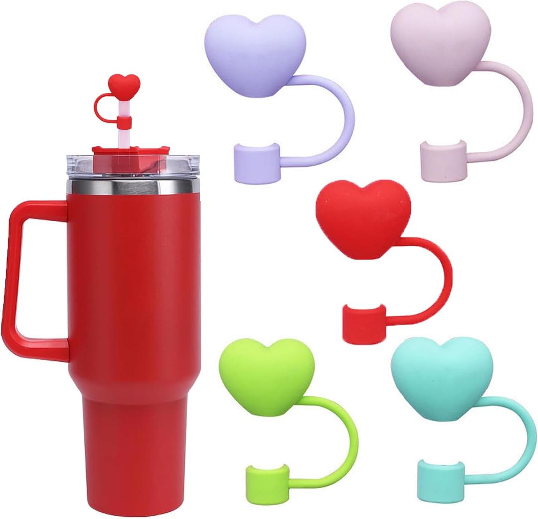 2 x Heart Straw Covers Valentines Straw Cover Cap for Stanley Cup 30 40 oz, Silicone Glitter Love Heart Designs 10mm 0.4in Straw Toppers Cute Straw Covers Valentines Party Cup Decoration 5PCS