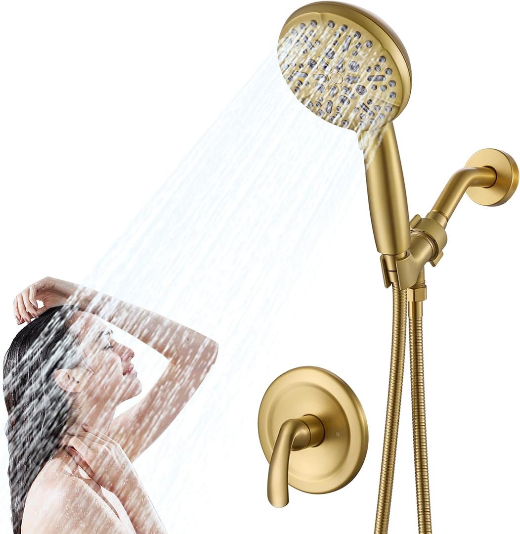 Single-Handle Gold Shower Faucet Set - Brushed Gold Shower Head and Handle Set, Shower Trim Kit with 7 Modes Handheld Shower Head System, Faucet Shower Fixtures with Valve Included