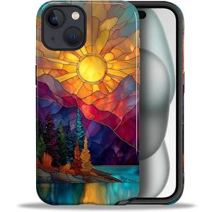 DAIZAG Case for iPhone 15,Mountain Range Sunrise Stained Glass Full-Body Design Hybrid Dual Protection Soft TPU Hard PC Shockproof Scratch-Resistant Protective Cover Phone Case for Men Women