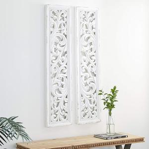 Deco 79 Wood Floral Home Wall Decor Intricately Carved Scroll Wall Sculpture, Set of 2 Wall Art 12"W, 50"H, White