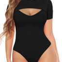 MANGOPOP Womens Short Sleeve Bodysuit V Shape Cutout Front T Shirt Body Suits, S