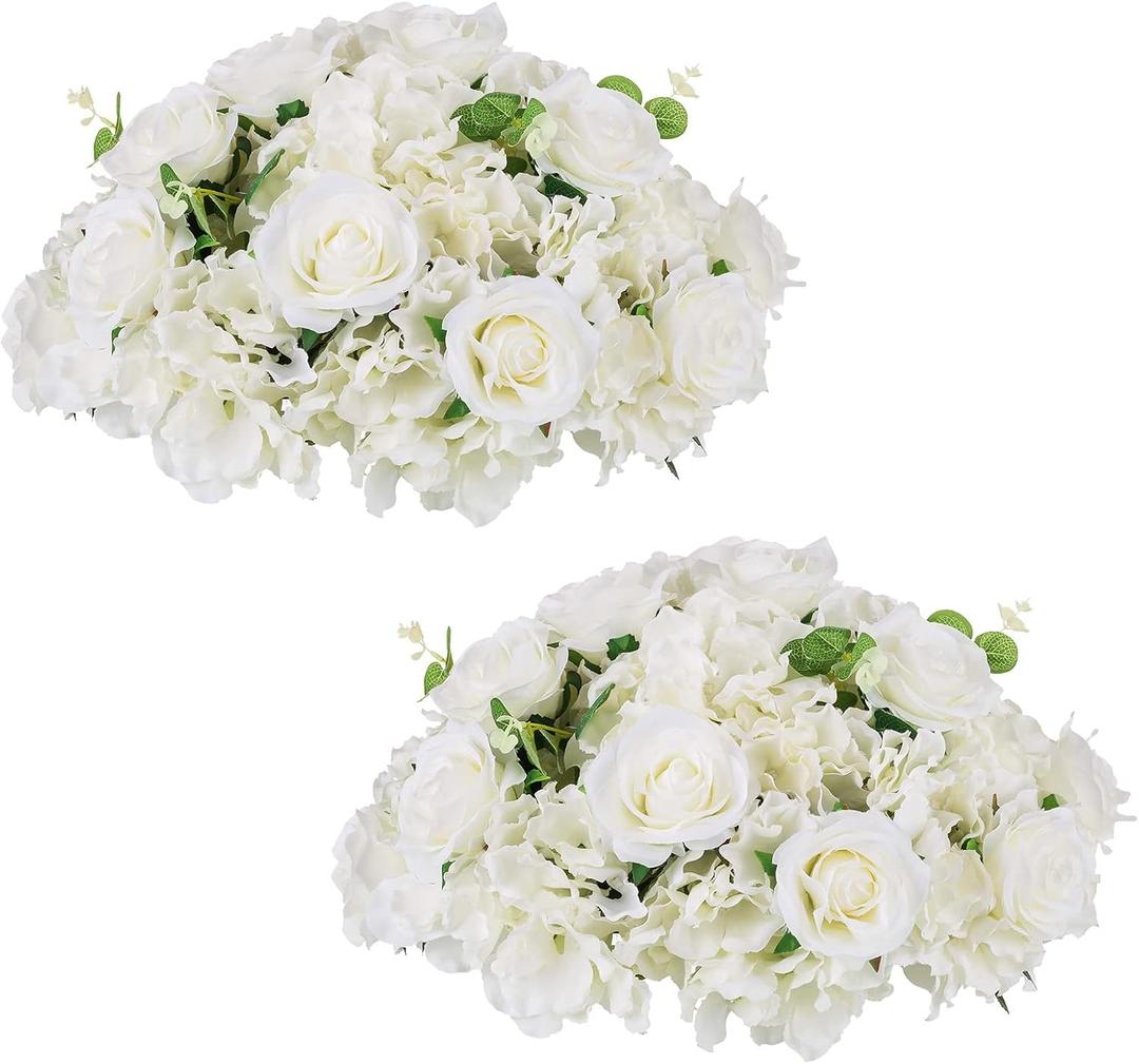 NUPTIO Flower Ball Arrangement Bouquet - 2 Pcs 15.7 inch Diameter White Fake Flowers Roses Balls for Centerpieces Tables - Artificial Rose Arrangements for Wedding Centerpiece Table Decorations (15" Diam - 2 PCS, White)