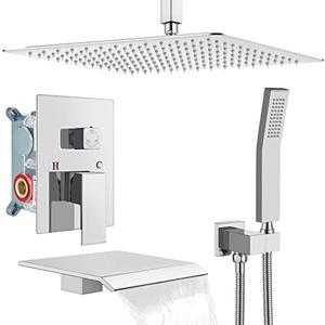 gotonovo Shower System with Tub Spout Ceiling Mount Shower Faucet Set Rain Shower Head and Handheld Combo with Waterfall Bathtub Spout Rough-in Valve Kit Included 16 inch Shower Head Polished Chrome