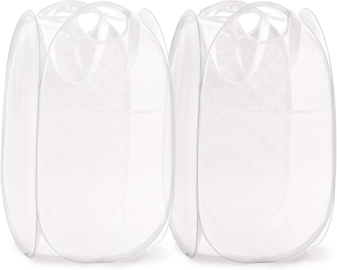 TECHMILLY Collapsible Mesh Pop Up Laundry Hamper with Sturdy Handles and Side Pocket - Portable Foldable Clothes Baskets for Dorm, Bathroom & Travel Storage (White, 2 Packs)