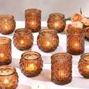 DARJEN Amber Votive Candle Holders Set of 24- Round Candle Holders Bulk, Glass Candle Holder for Vintage Decoration, Tea Lights Candle Holders for Wedding Home Party & Gift