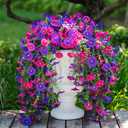 2PCS Artificial Hanging Flowers for Outdoor, Realistic Silk Morning Glory with Eucalyptus Vines, UV Resistant Faux Plants for Patio Balcony Garden Wall Home Decor Window Box Yard(Purplish Red)