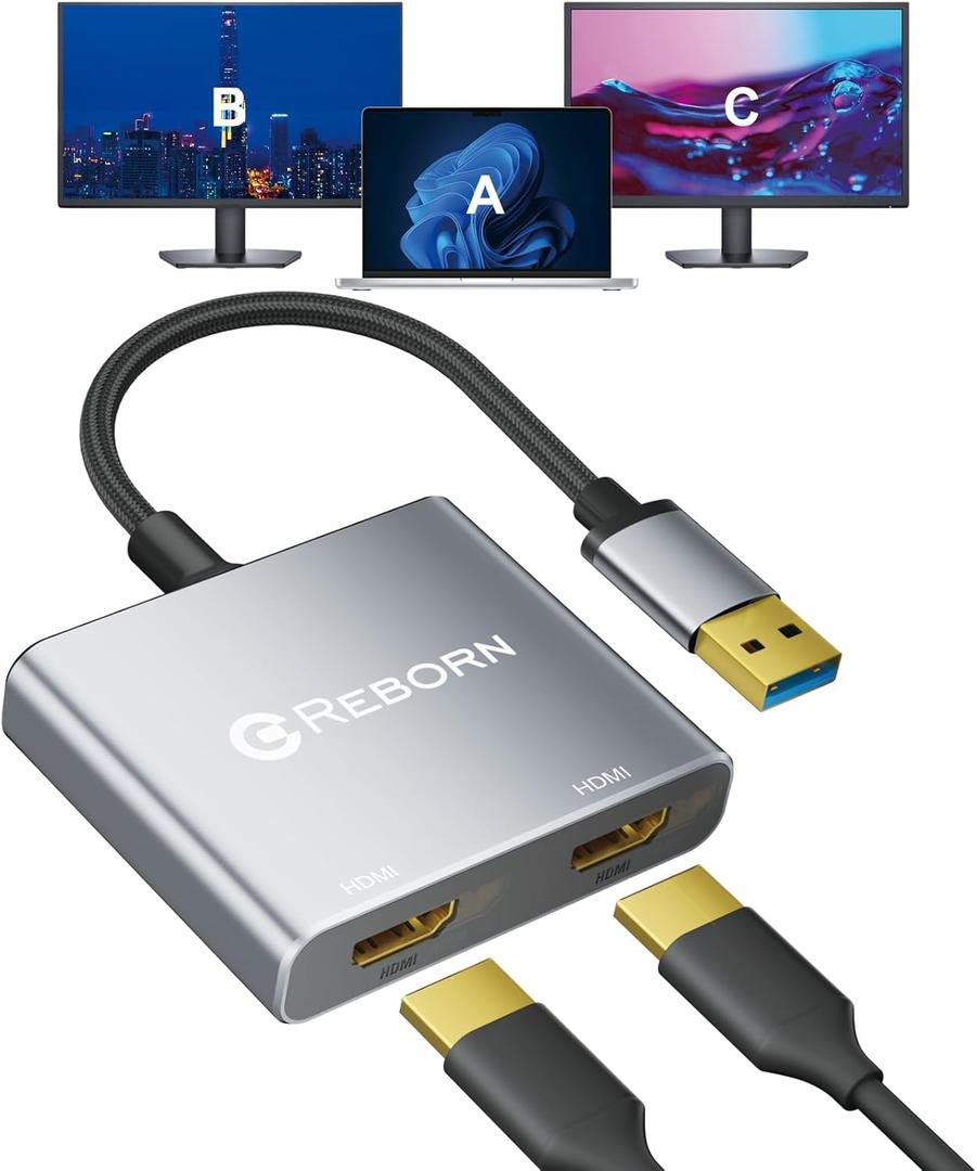 Reborn USB to HDMI Adapter, 1080P@60Hz USB 3.0 Male to Dual HDMI Female Multi-Display Cable Converter Suitable for MacOS, Windows 7/ 8/ 10/ 11 - Driver Installation is Required