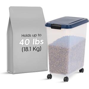 IRIS USA Airtight Dog Food Storage Container, Up to 40 lbs, Attachable Wheels, For Dog Cat Bird and Other Pet Food Storage Bin, Keep Fresh, Translucent Body, Easy Mobility, Navy
